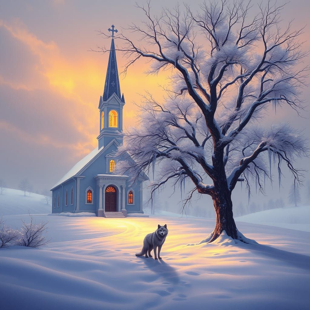 Majestic Winter Wonderland Scene with Enchanted Church and G...