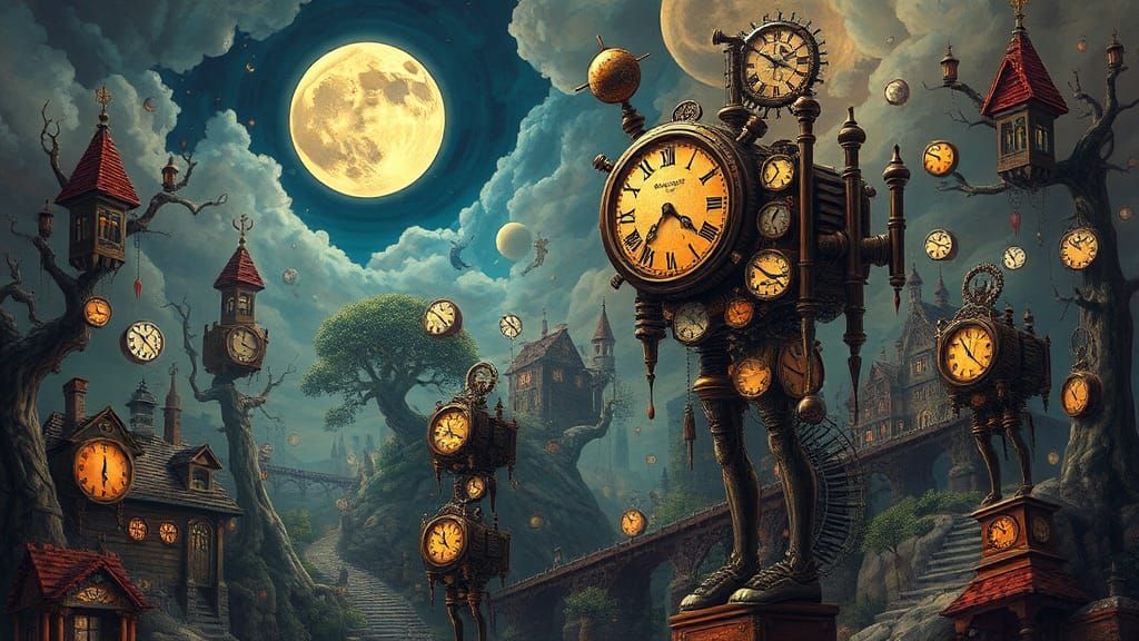 Steampunk Clockwork Humanoid in Surreal Landscape