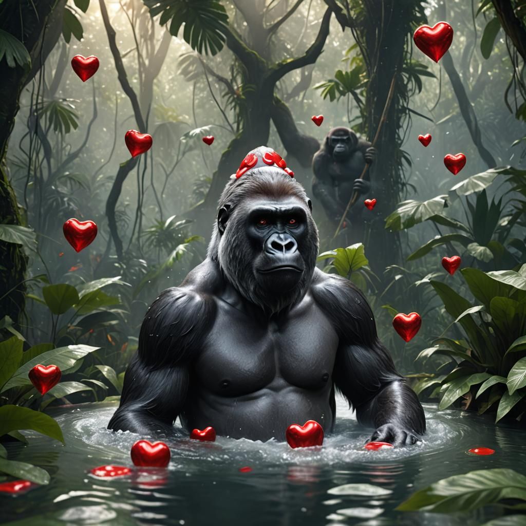 Gorilla's Bath Time in Lush Jungle Setting