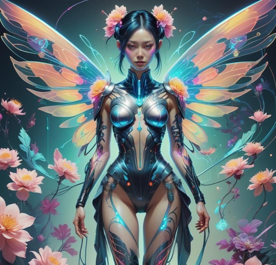 Biopunk Fairy with Laser Wings in Synthwave Style