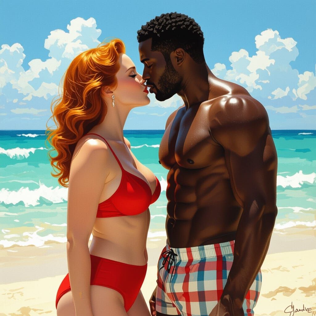 Romantic Beach Kiss in Vibrant, Cinematic Style