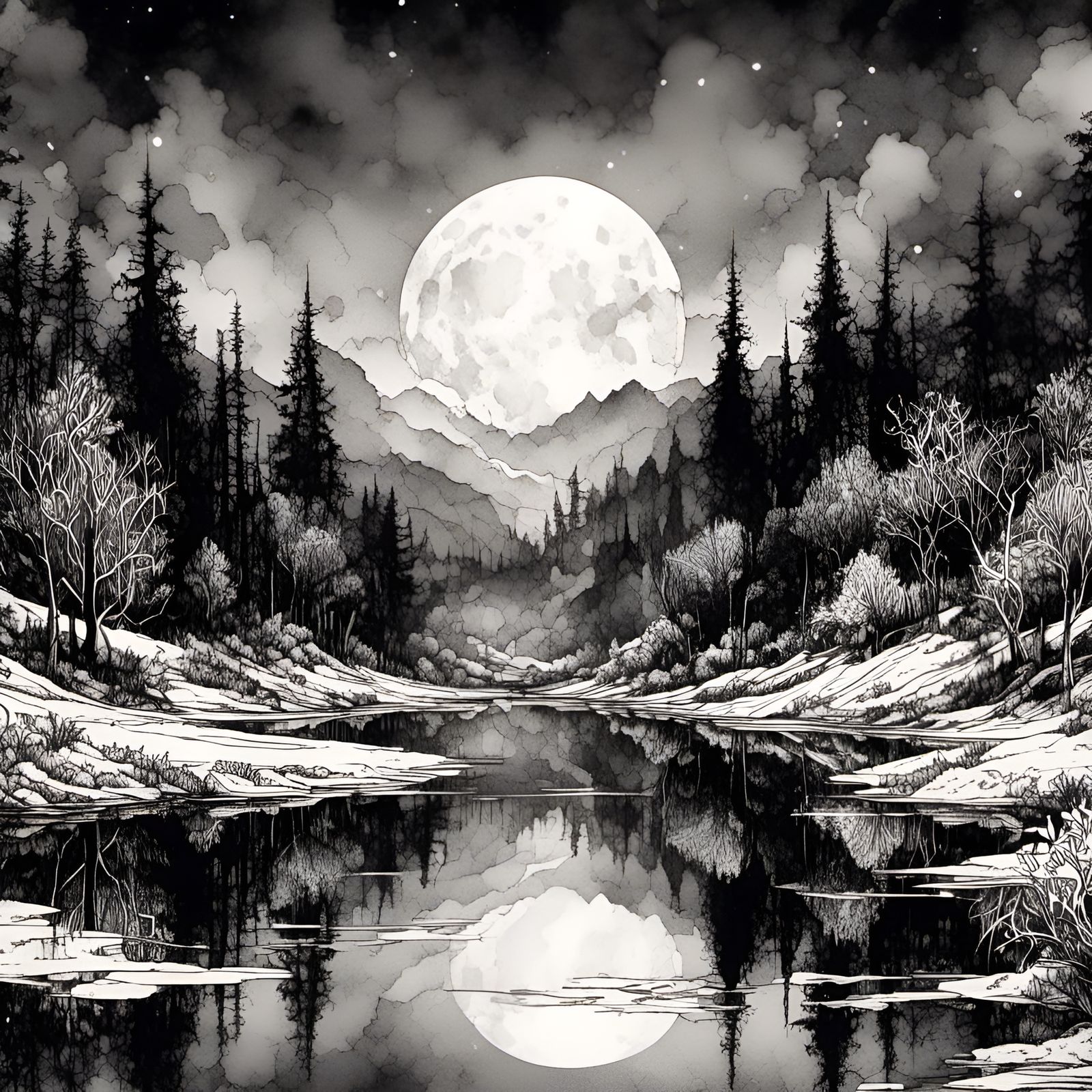 Moonlit Lake Reflection in Striking Animation Style