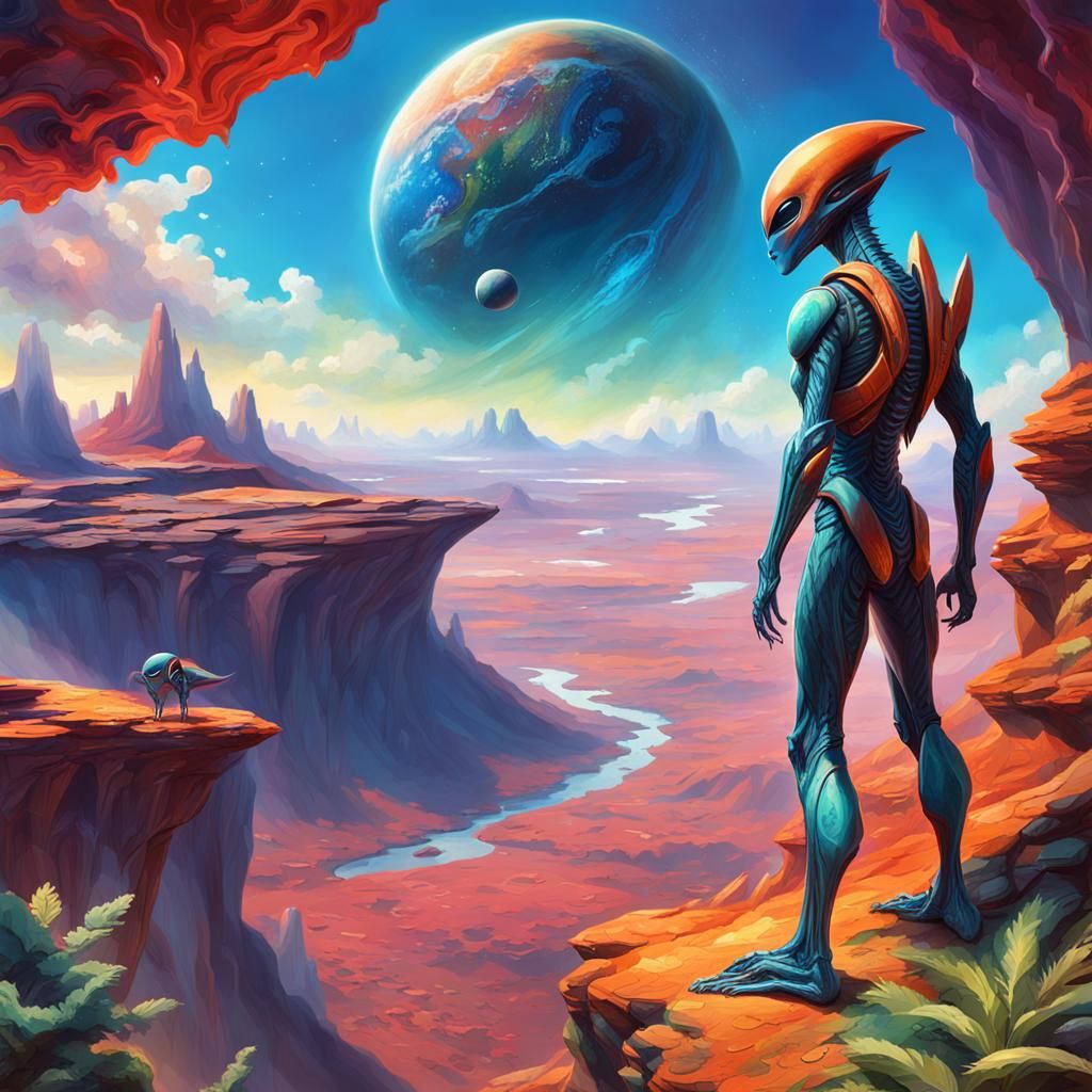 Alien Explorer Overlooking Exotic Planet Landscape
