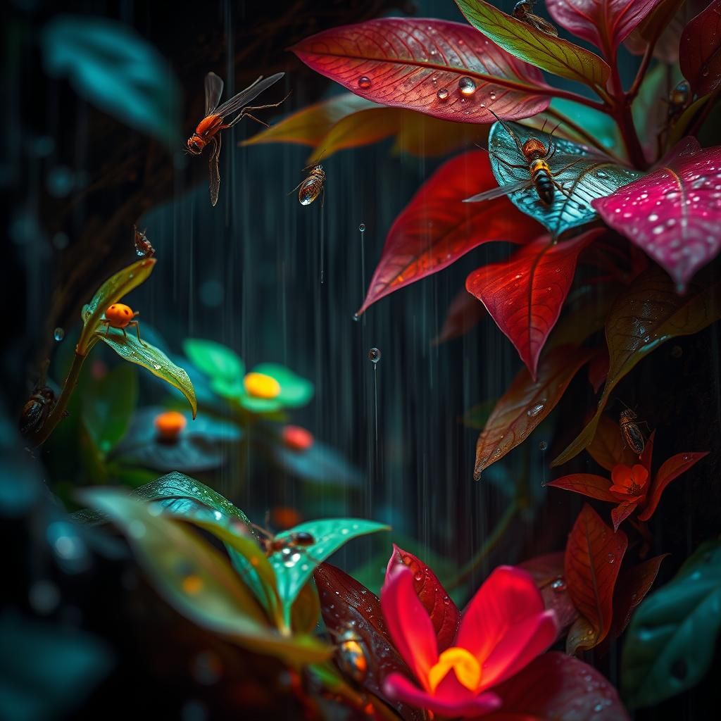 Macro Ecosystem with Bioluminescent Insects in Ominous Light