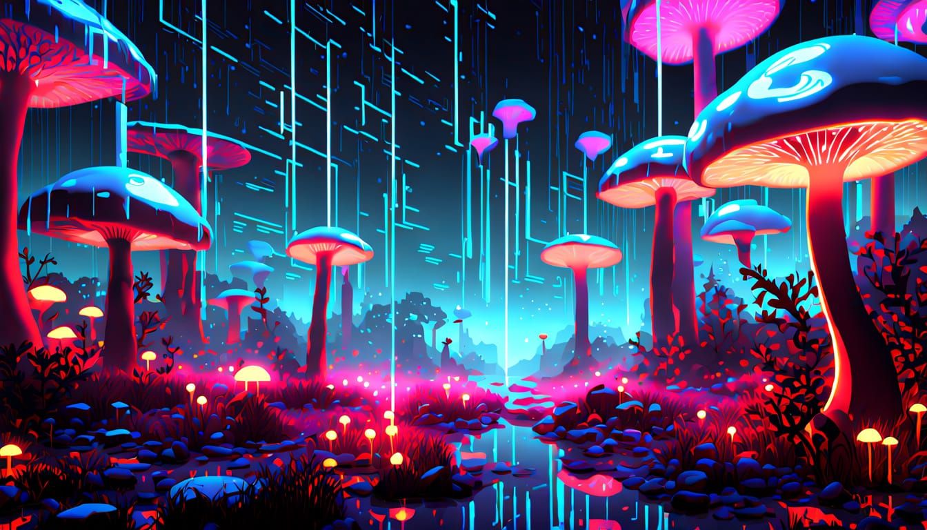 Surreal Digital Forest with Glitching Voxel Mushrooms