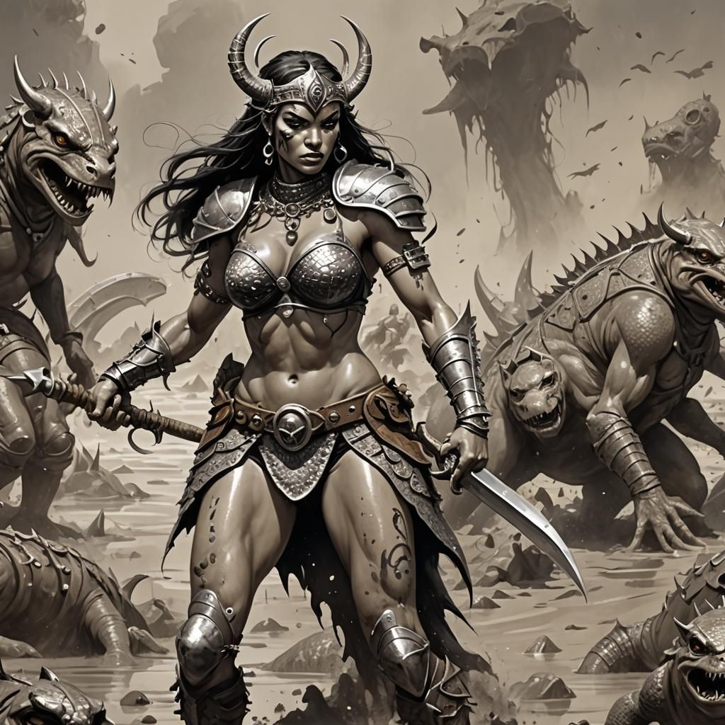 Mudskipper Barbarian Princess in Gritty Fantasy Art