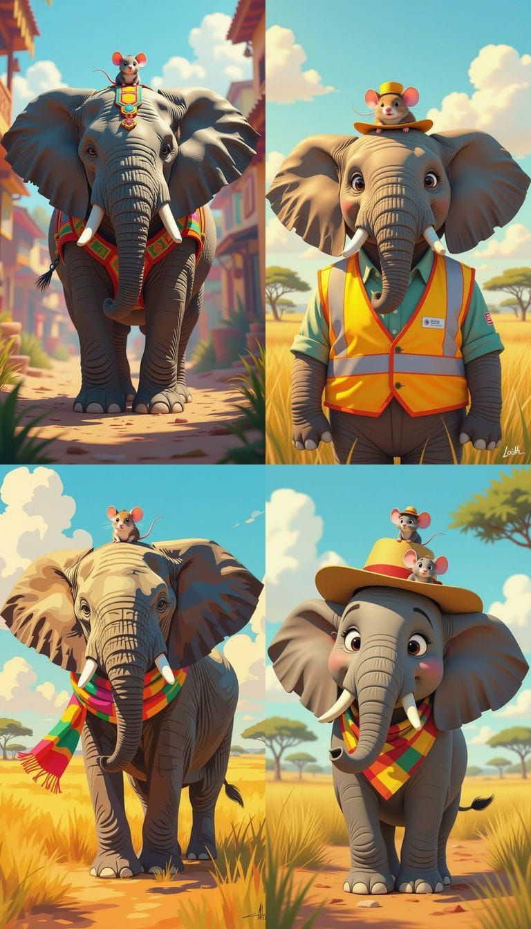 Elephant and Mouse Friendship in Pixar Cartoon Style