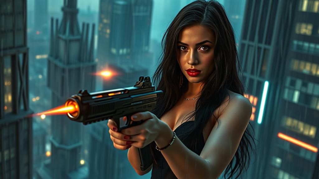 Dystopian Temptress in Cyberpunk Cityscape