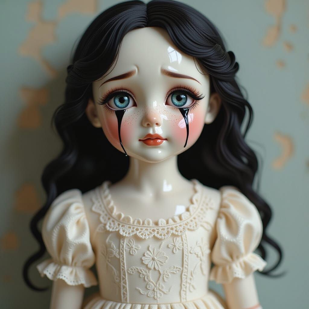 Haunting Porcelain Doll with Tears and Mismatched Eyes