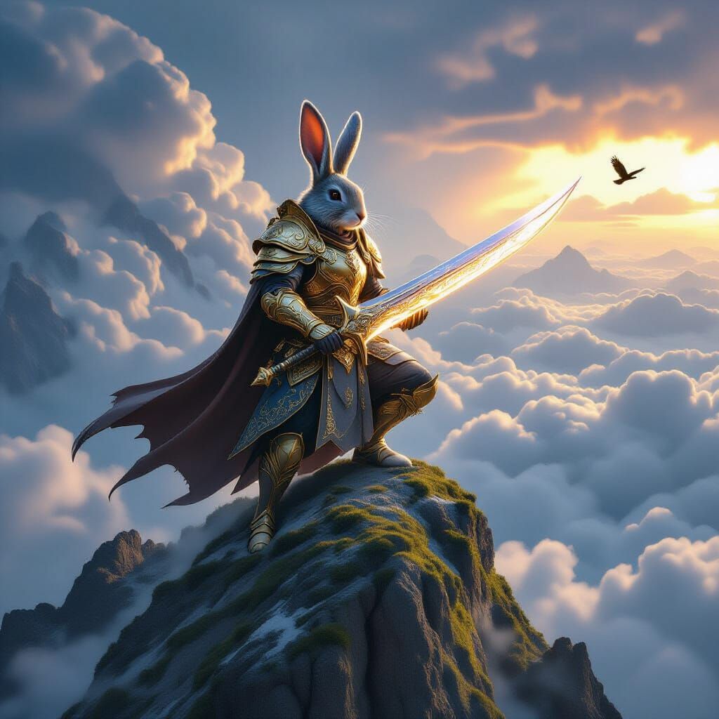 Rabbit Warrior in Golden Armor on Mountain Peak with Crystal...