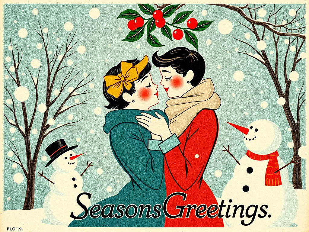 Vintage Holiday Card of Lovers Under Mistletoe