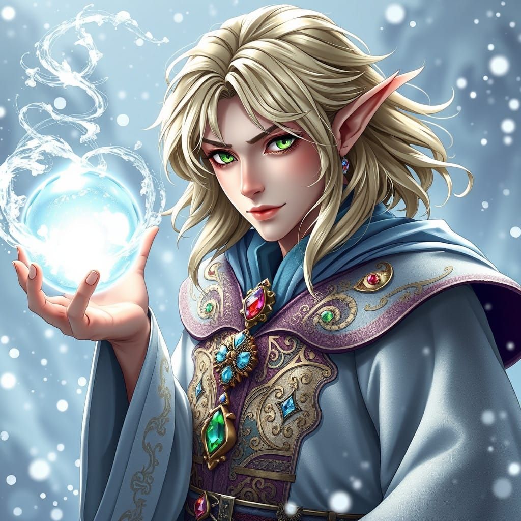 Surreal Elf Wizard Conjures Radiant Water Ball Amidst Serene...