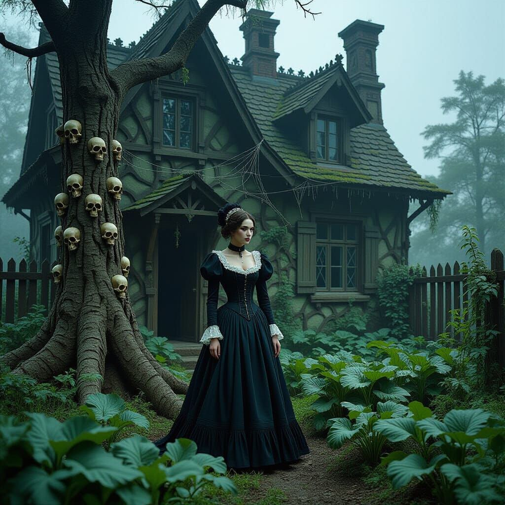 Mysterious Woman in Gothic Garden with Skulls