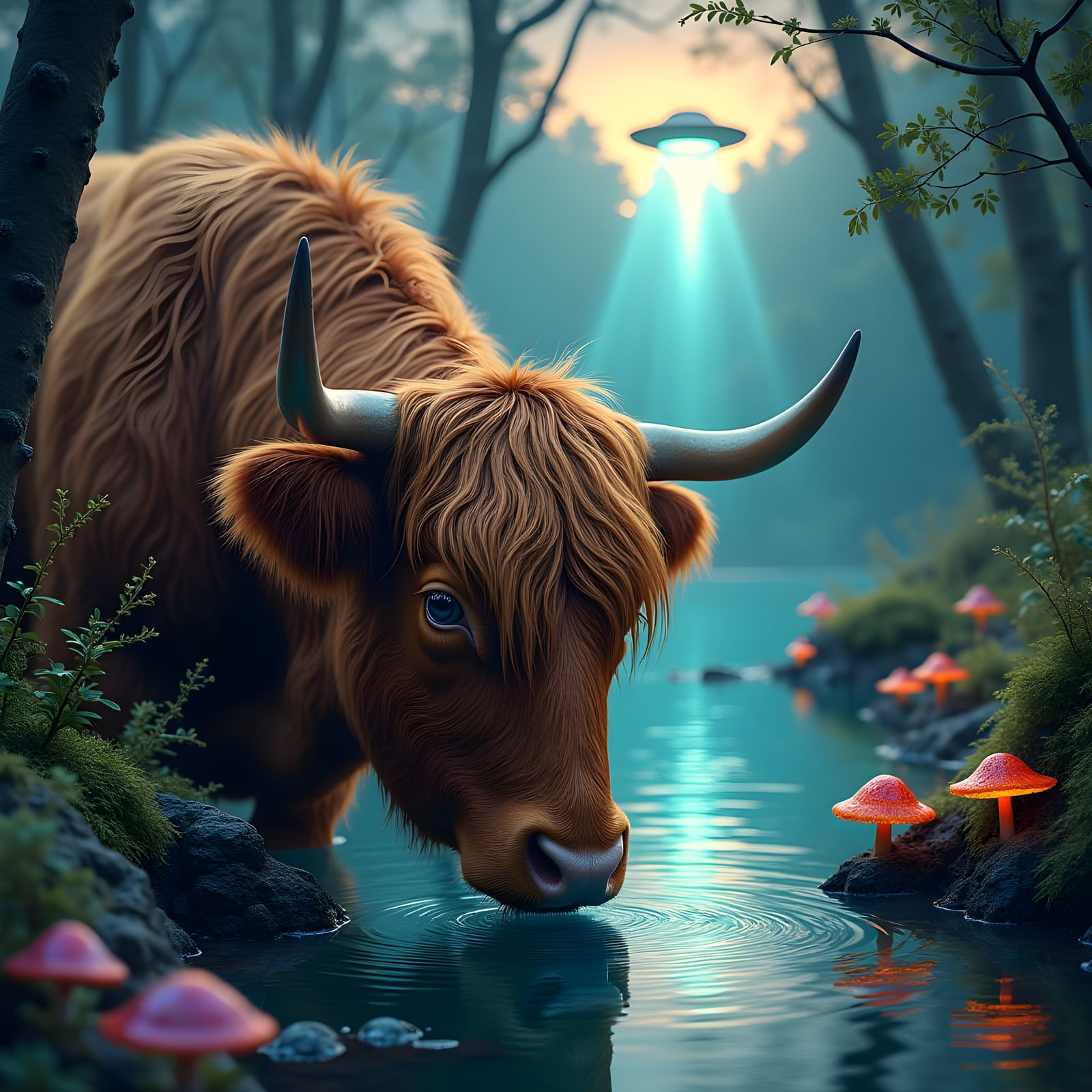A highland cow drinking from a stream about to be abducted by aliens