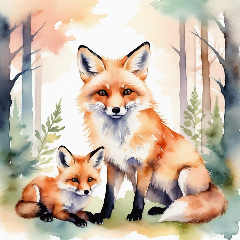 Whimsical Watercolor Fox Family in Forest