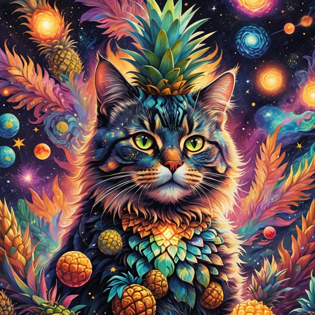 Cosmic Pineapple Cat in Visionary Style
