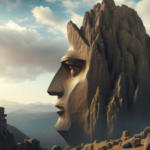 Surreal Mountain Landscape with Giant Head Statue