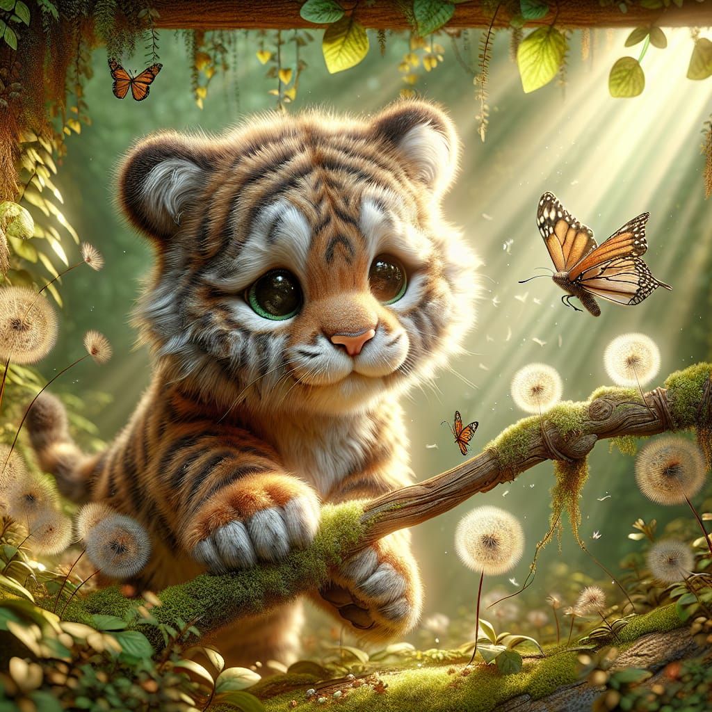 Adorable Tiger Growls at Butterfly in Enchanted Forest