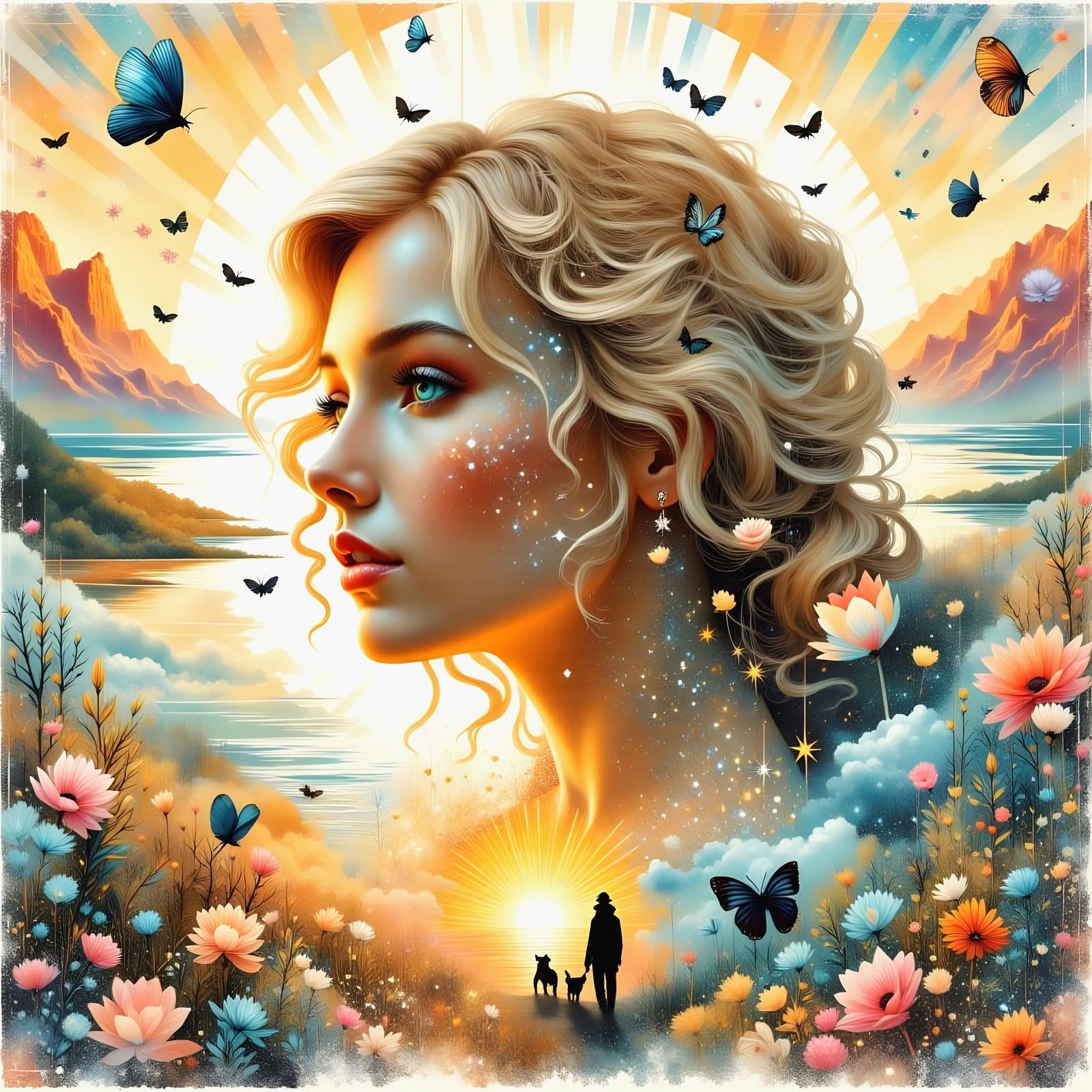 Whimsical Pastel Portrait of a Blond Girl in a Dreamlike Set...