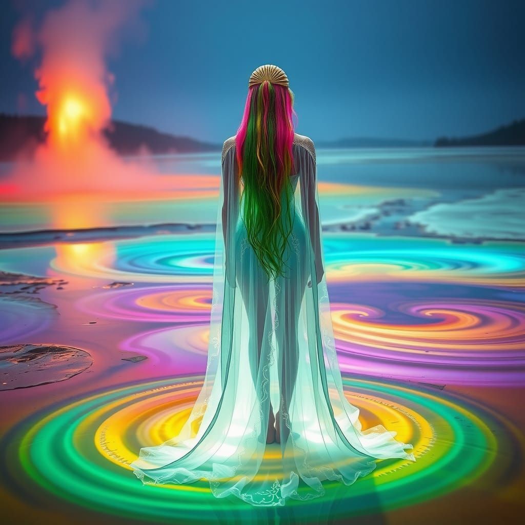 Rainbow Haired Woman in Mystical Neon Landscape