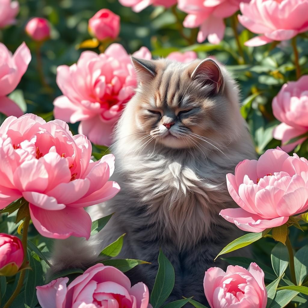 Grey Cat Amidst Pink Peonies, Dreamlike Illustration