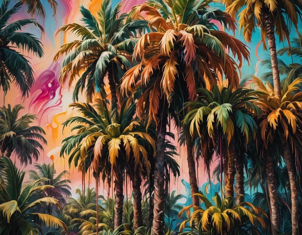 Surreal Palm Trees with Swirling Trunks, Close-up