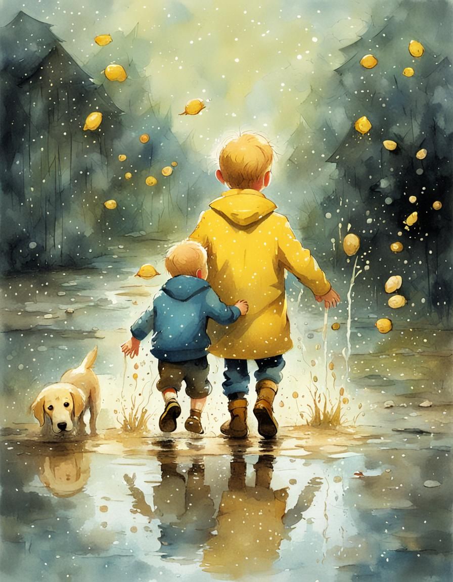 Child and Dog Splashing: Storybook Illustration