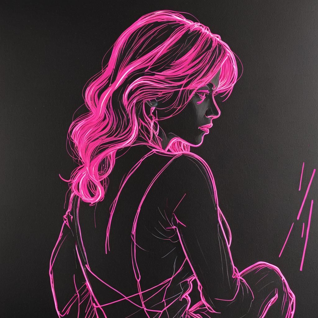Woman in Neon Pink Sketch on Black Paper