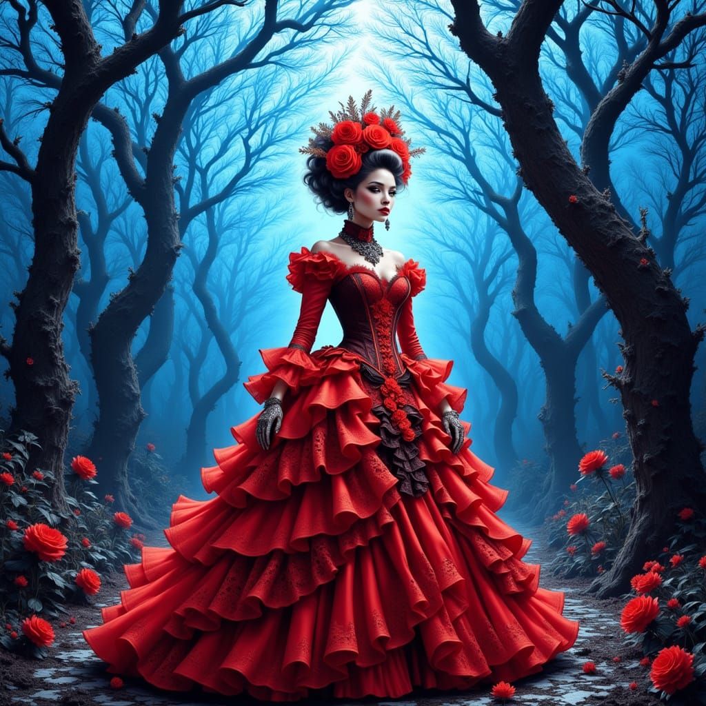 Ethereal Figure in Red Silks in Mystical Forest