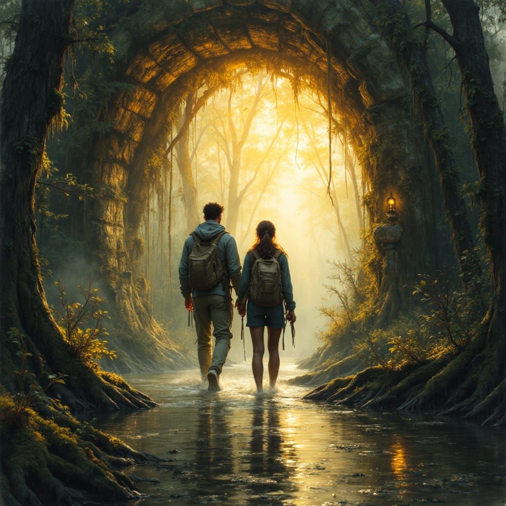 Mystical Portal Beckons Two Students in Oil Painting