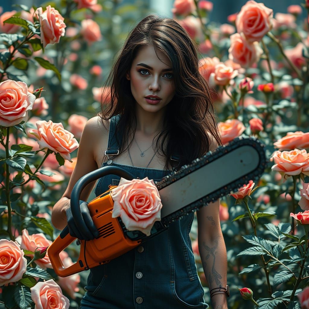 Woman Cuts Roses with Chainsaw: Hyperrealistic Art