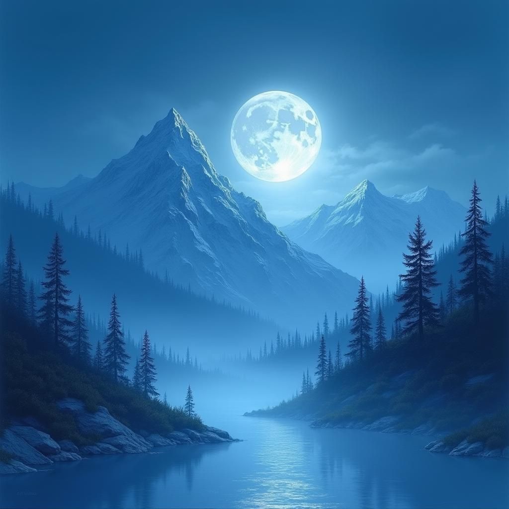Blue Moonlit Mountain Dreamscape in Surrealist Style