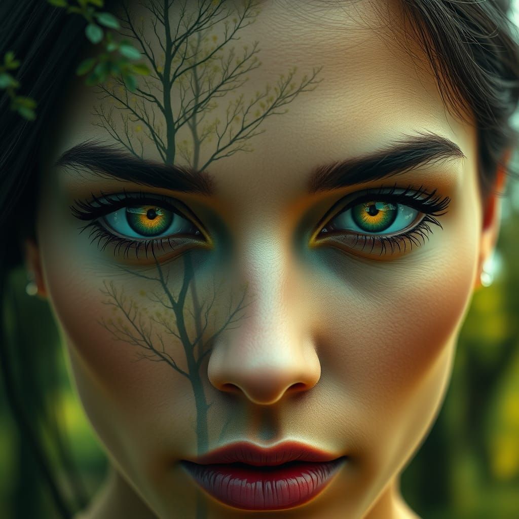 Surreal Emerald-Eyed Woman Amidst a Forest