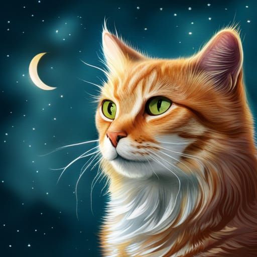 Beautiful Cat in Starry Night Watercolor Illustration
