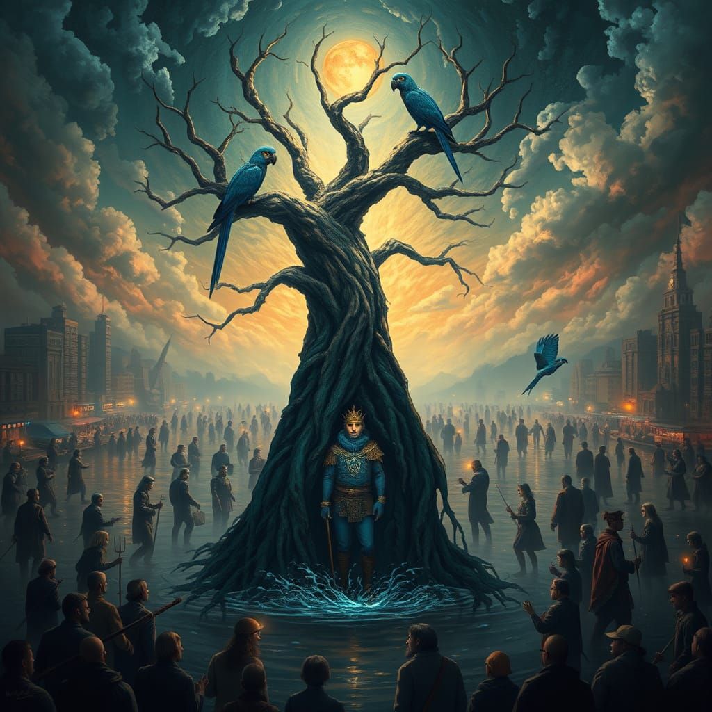 Blue Leopard Shaman in Dreamlike Cityscape