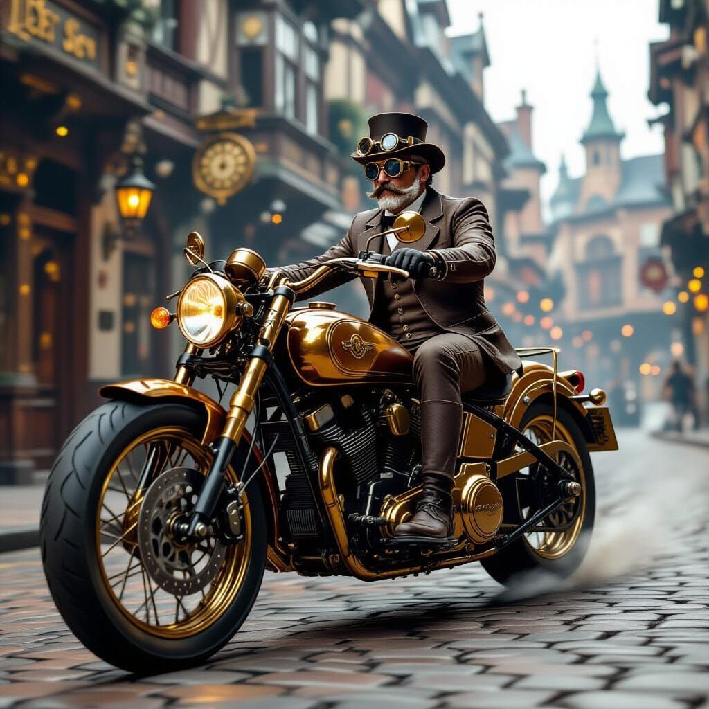 Steampunk Motorcycle Speeds Through Victorian Cityscape