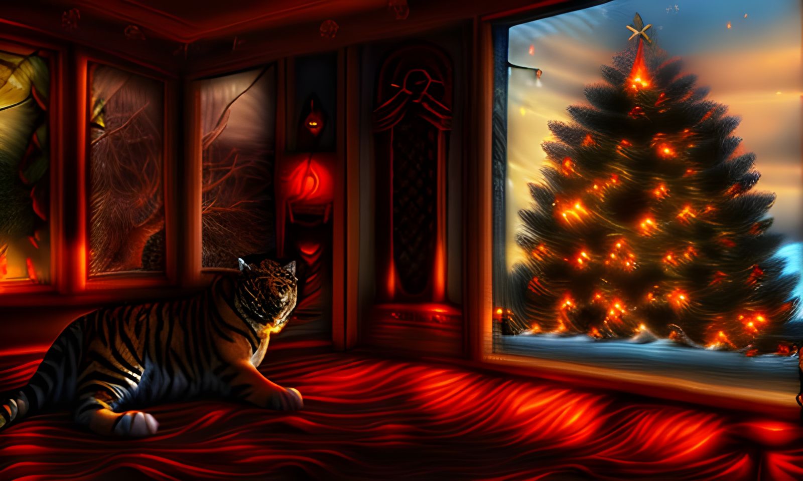 Tiger by Fireplace in Photorealistic Digital Painting