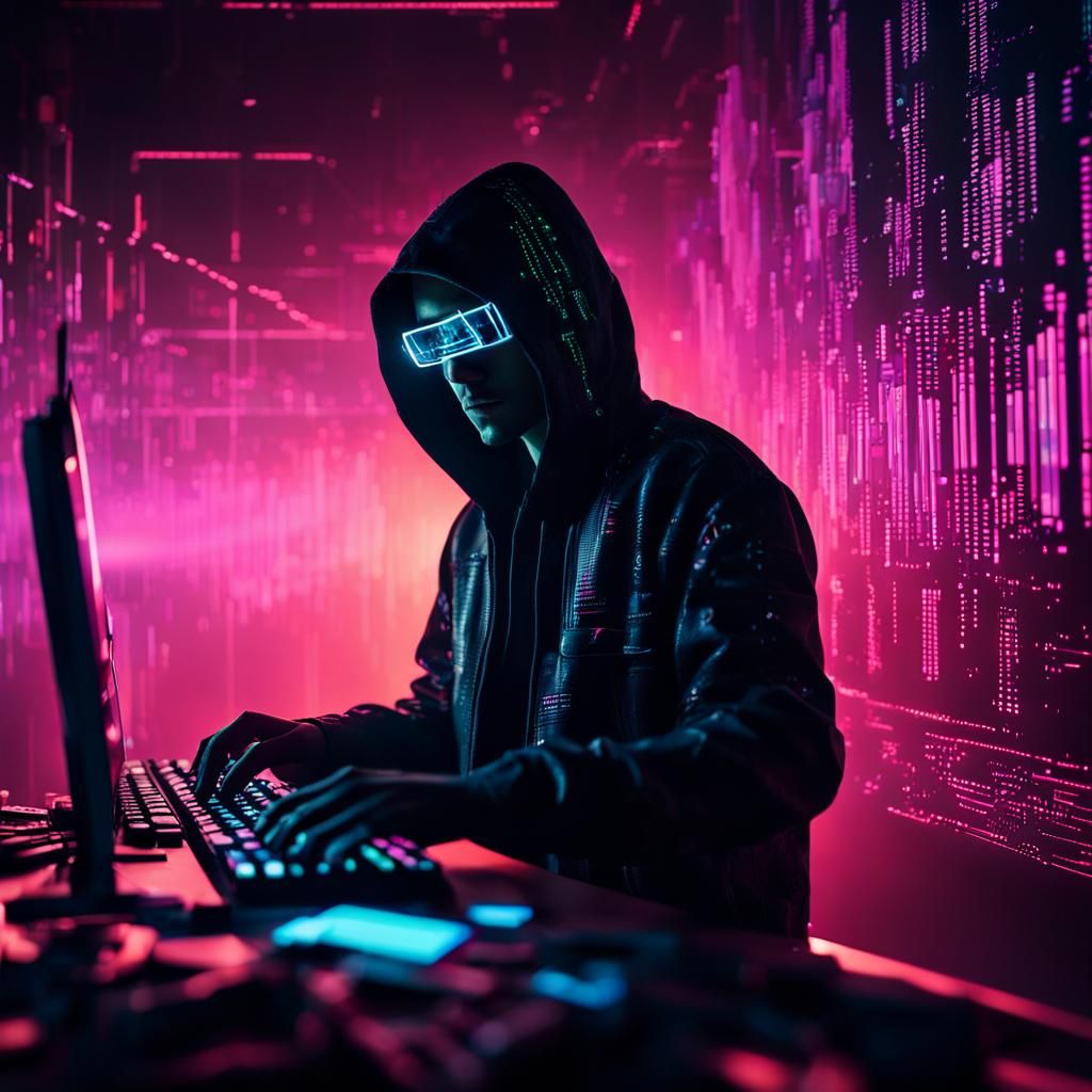 Cyberpunk Hacker in Dimly Lit Room