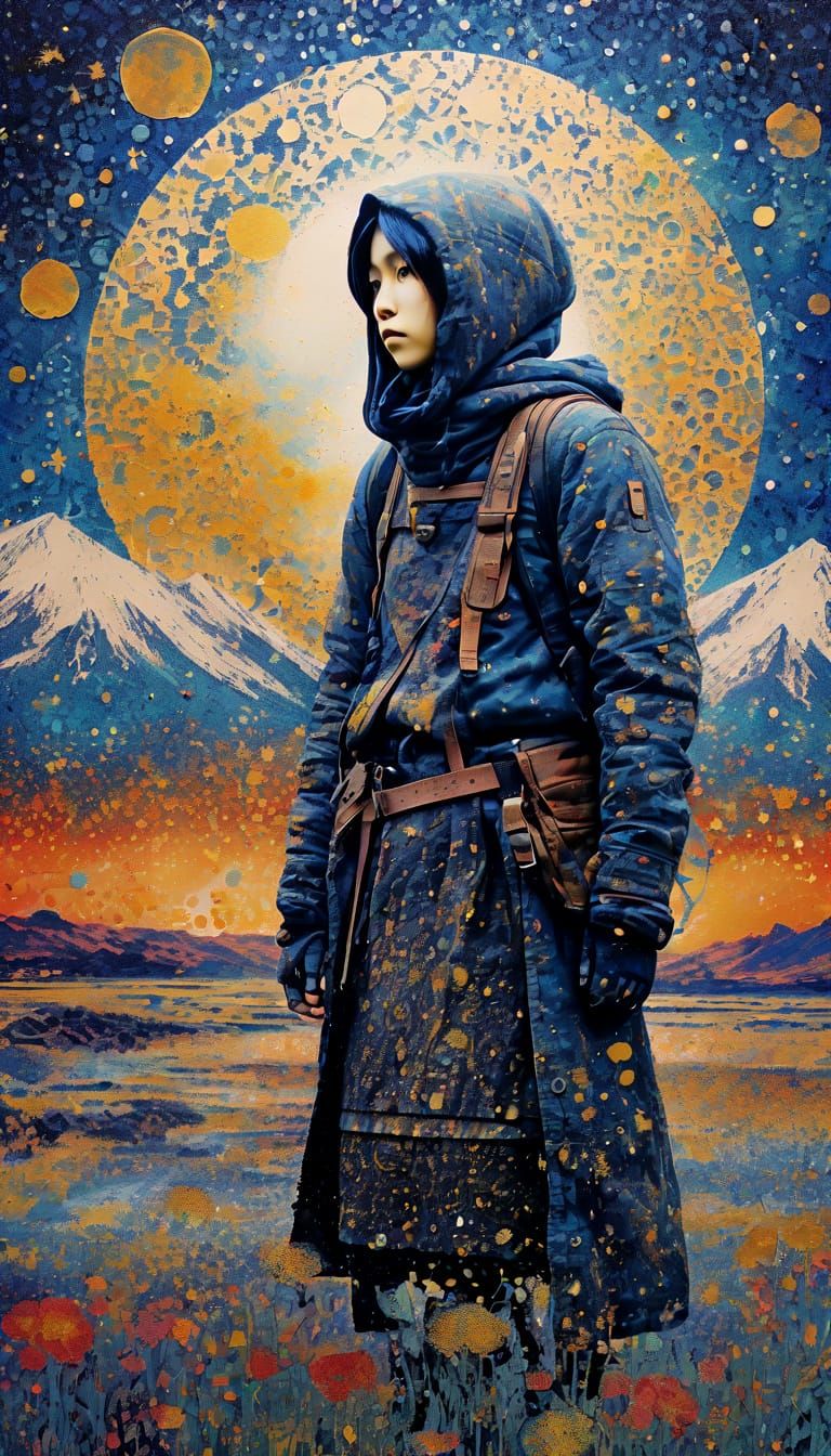 Cosmic Nomad in Grunge Pointilism Style