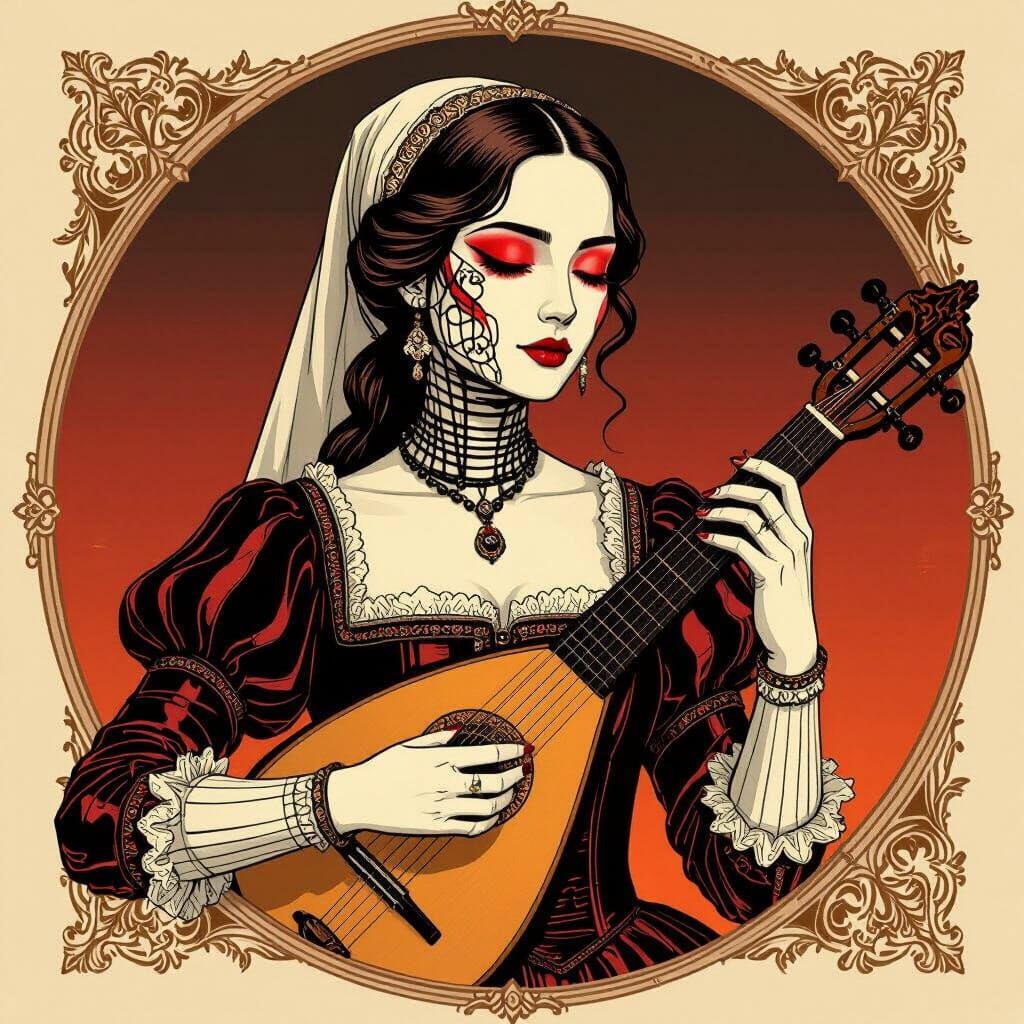 Renaissance Woman with Lute and Wire Face