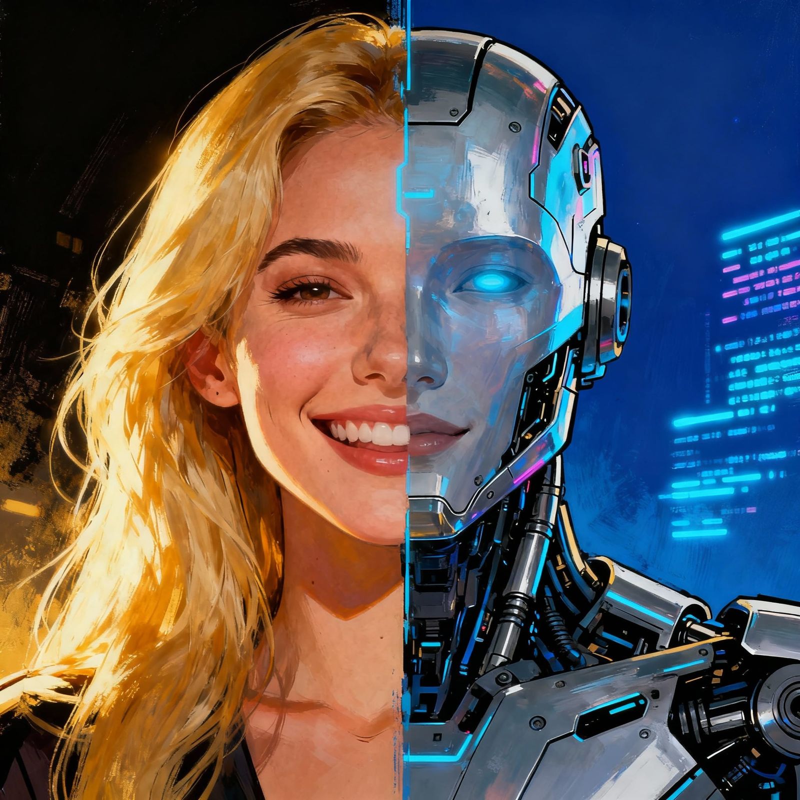 Cyberpunk Split Portrait: Human to Robot Transformation