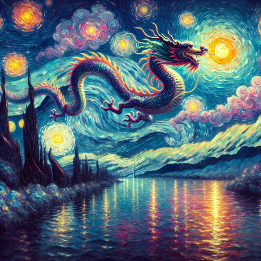 Chinese Dragon Soars in Van Gogh Starry Night Style