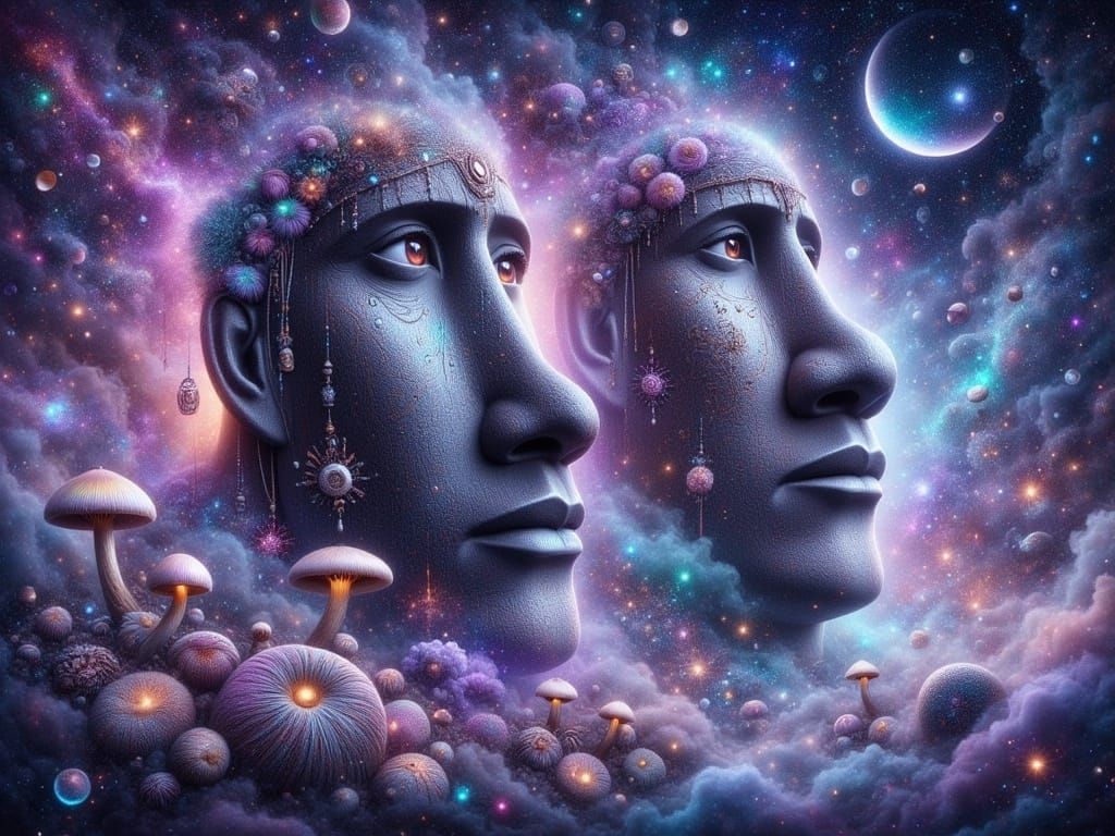 Ethereal Moai Guardians in Cosmic Mushroom Realm