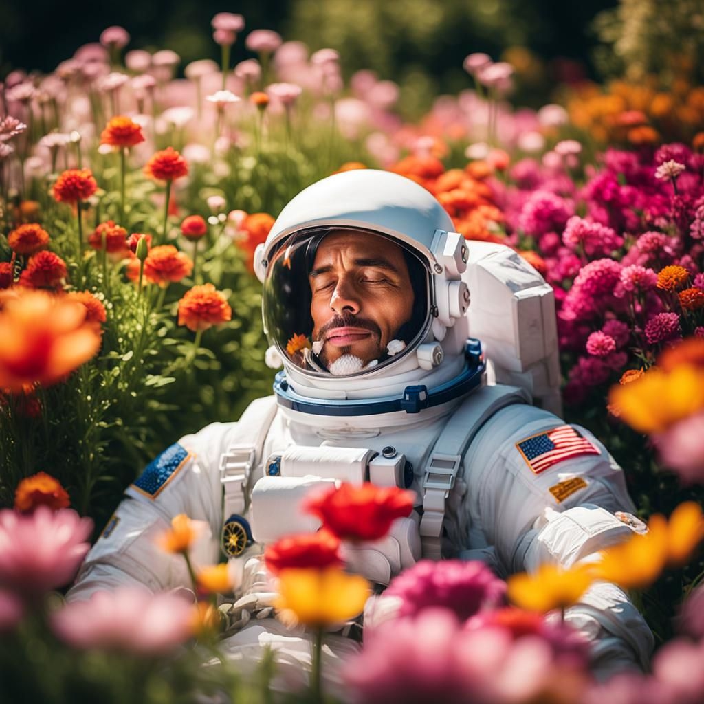 Astronaut in Flower Garden Portrait