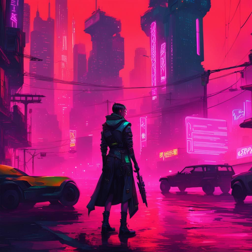 Cyberpunk Witch in Neon Cityscape