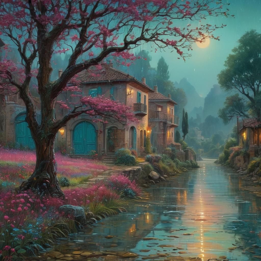 Rainy Italian Landscape with Aquamarine Light