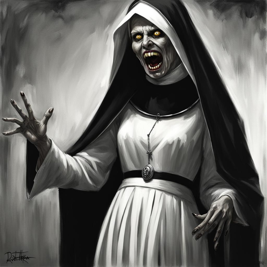 Scary Nun with Sharp Teeth and Yellow Eyes