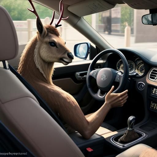 Deer Drives Car in Cityscape: Digital Comic Art