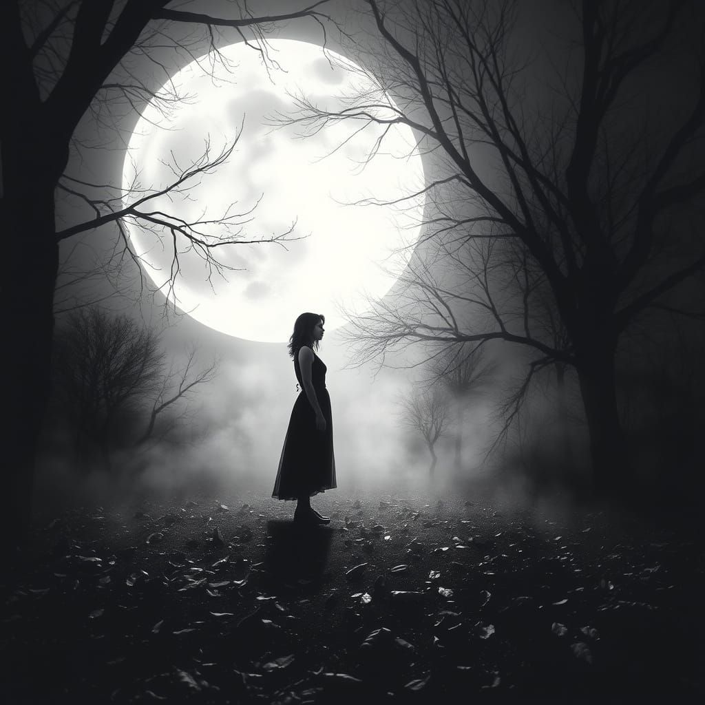 A Melancholic Woman Under Moonlight