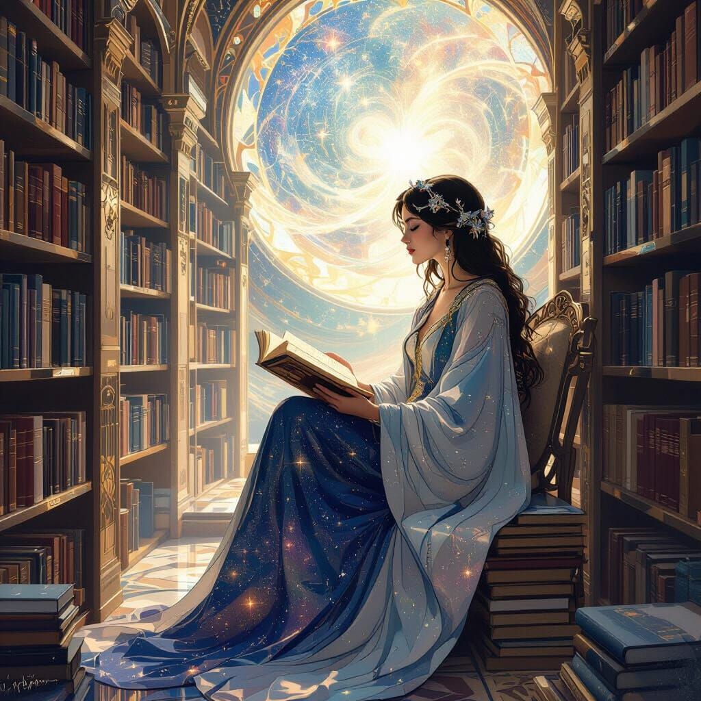 Celestial Librarian in a Cosmic Art Nouveau Library